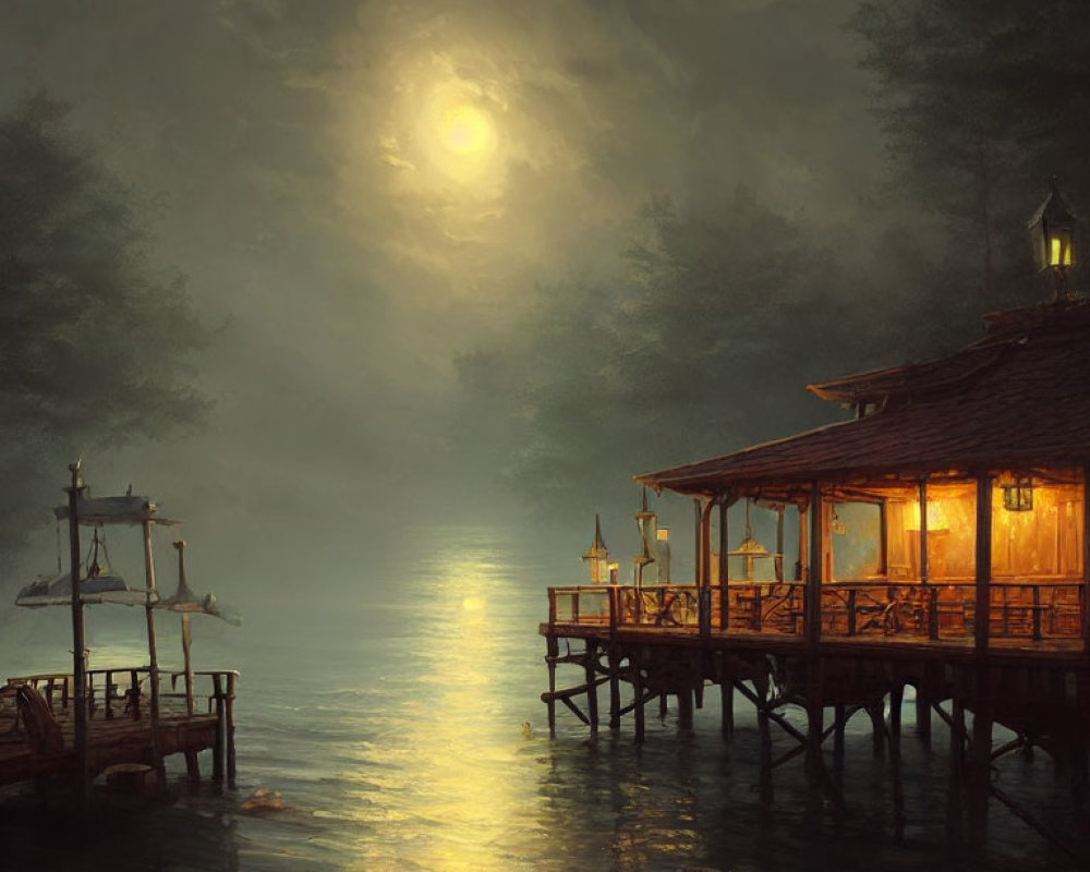 Tranquil Moonlit Lake Scene with Wooden Pier and Cabin