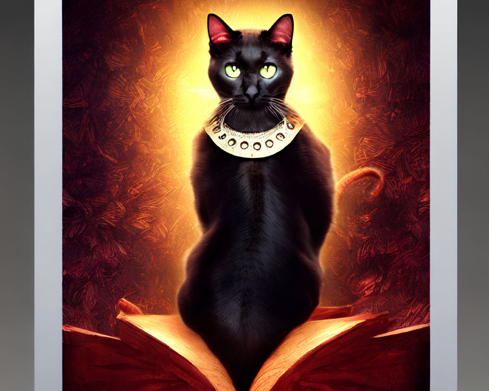 Black Cat with Yellow Eyes on Open Book, Golden Glow, Mouse, Fiery Backdrop