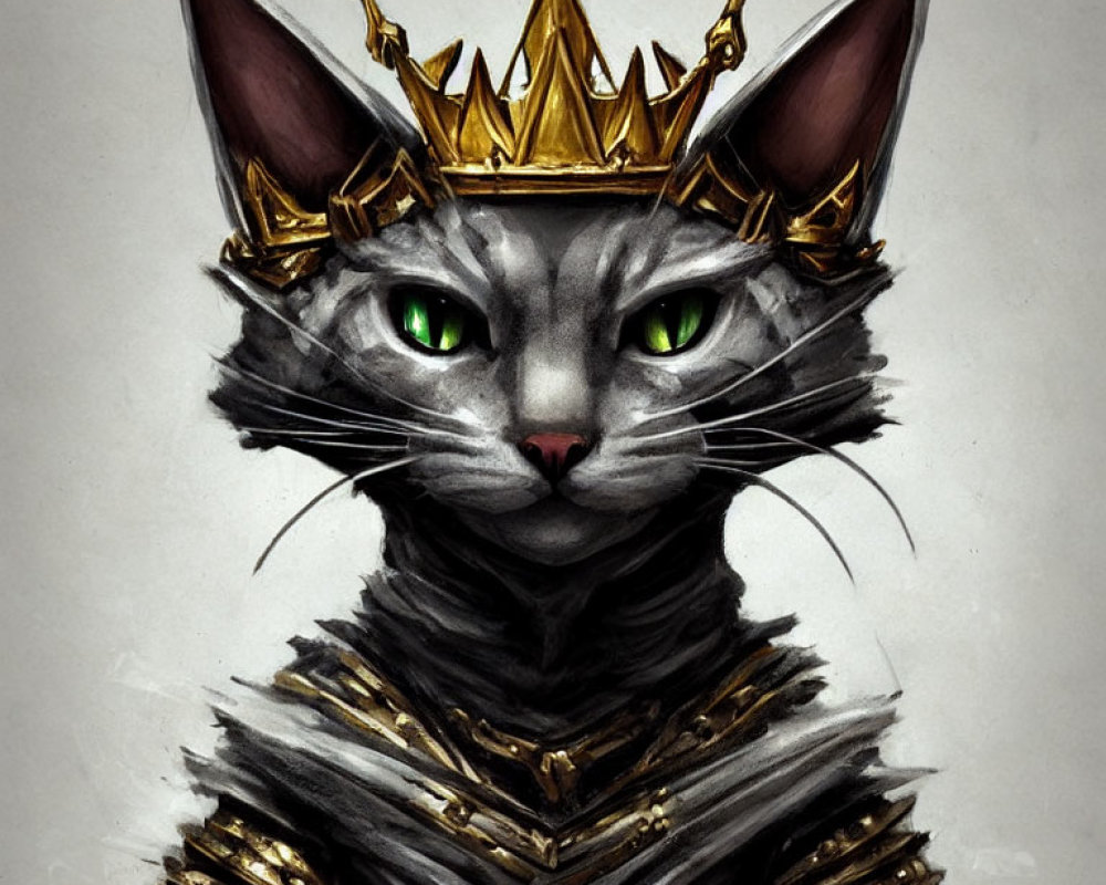 Regal cat with crown and armor, green eyes, steely gaze in digital painting