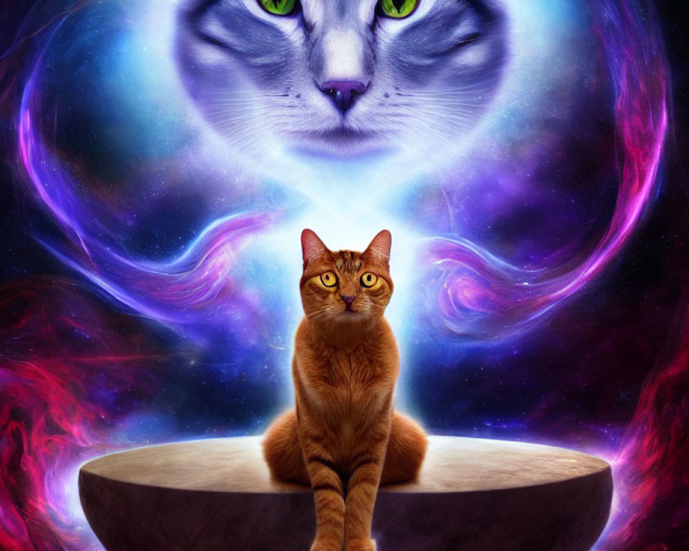 Ginger cat on pedestal with cosmic backdrop and ethereal feline face