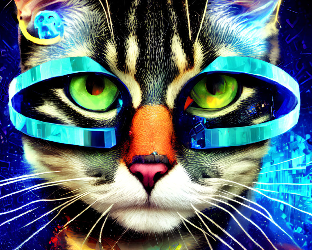 Digital artwork: Cat with green eyes in futuristic glasses against cosmic backdrop