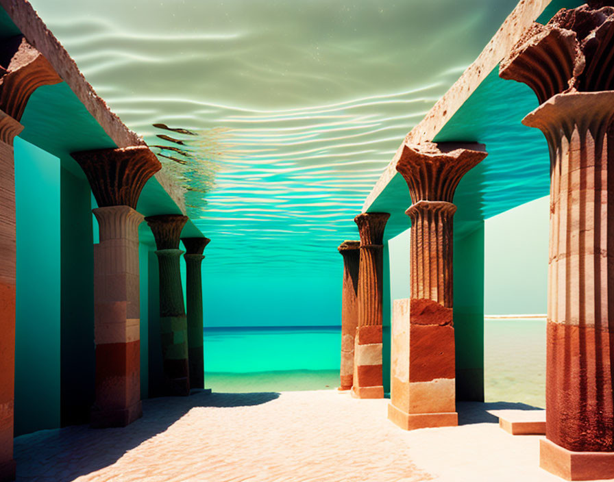 Sunlit Ancient Roman Columns Underwater