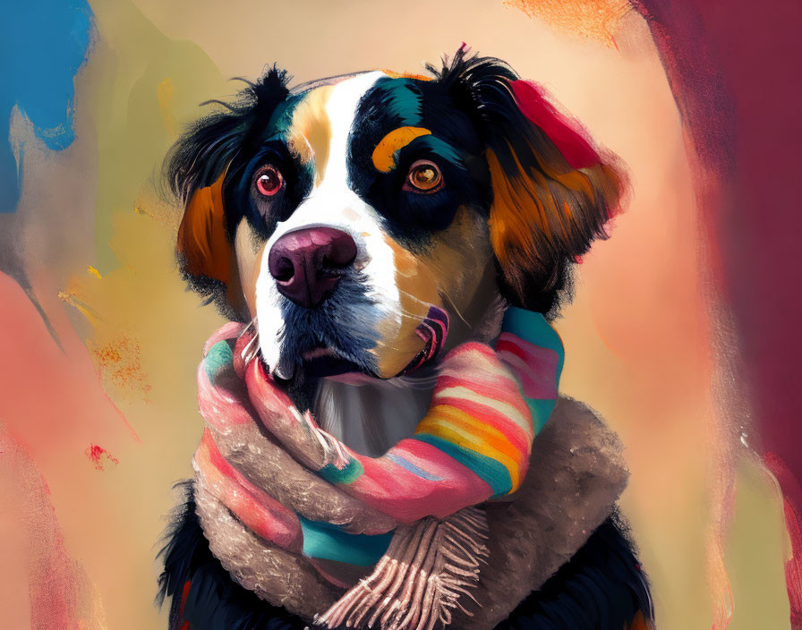 Bernese Mountain Dog in Striped Scarf on Colorful Abstract Background