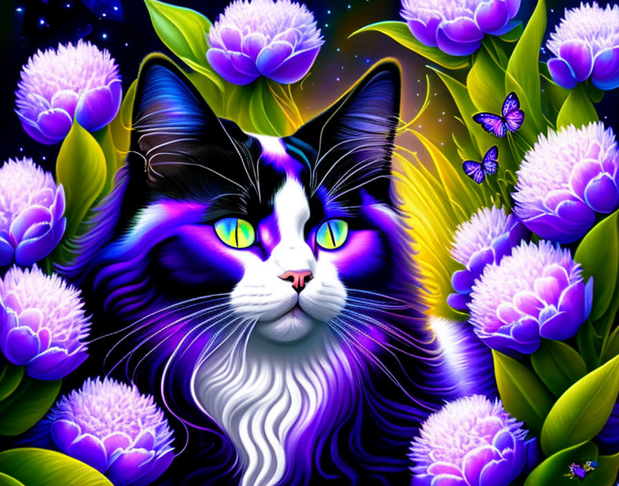 Detailed Black and White Cat Art with Green Eyes and Purple Flowers