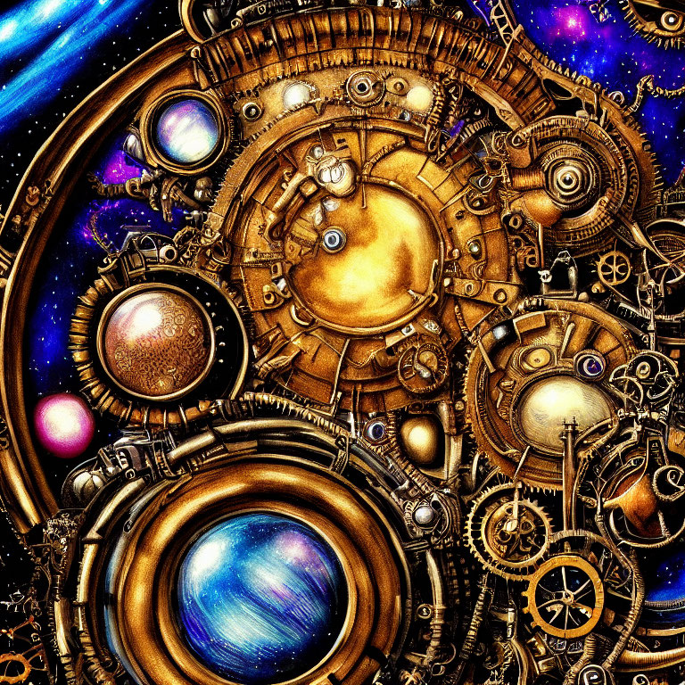 Steampunk-inspired artwork with gears and cosmic background