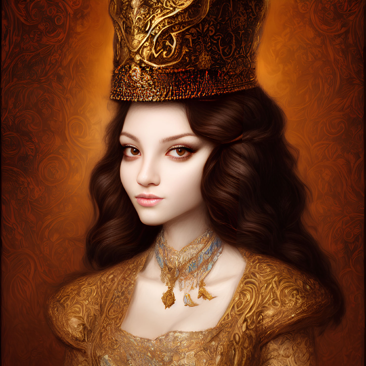 Regal woman with expressive eyes in golden crown and dress on amber background