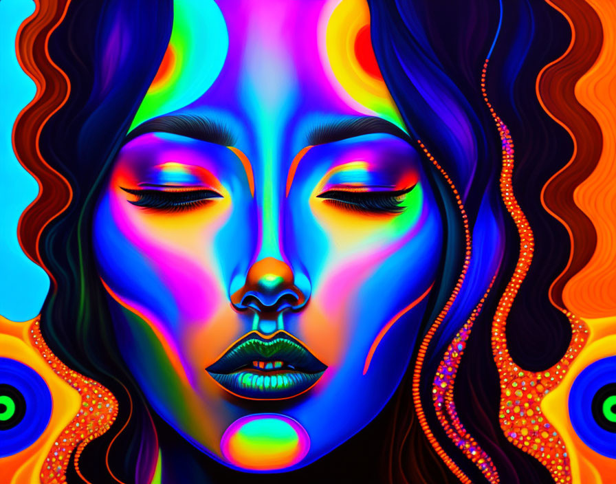 Colorful digital artwork of a woman's face with psychedelic patterns