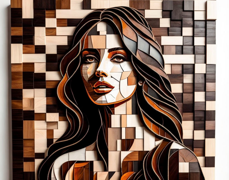 Abstract Portrait of Woman with Flowing Hair in Mosaic Wood Art