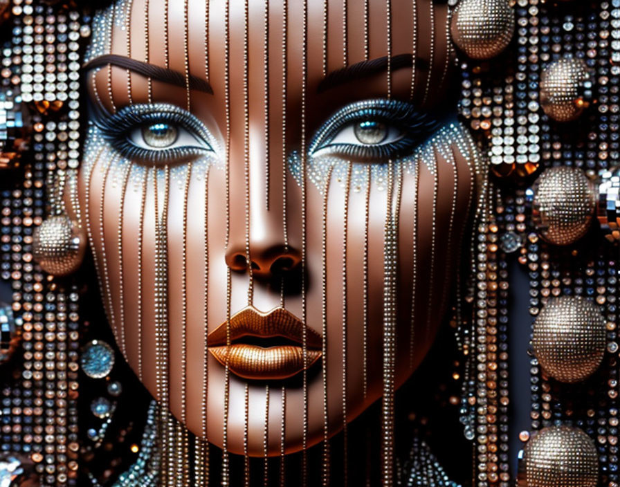 Digital artwork: Woman's face with metallic skin, beaded lines, and shimmering spheres