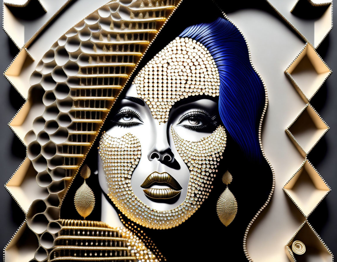 Stylized female face with geometric patterns and gold tones on black background