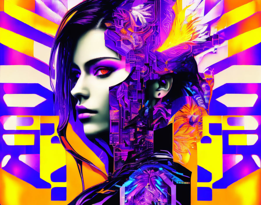 Colorful digital artwork: Woman's face merges with tech elements.