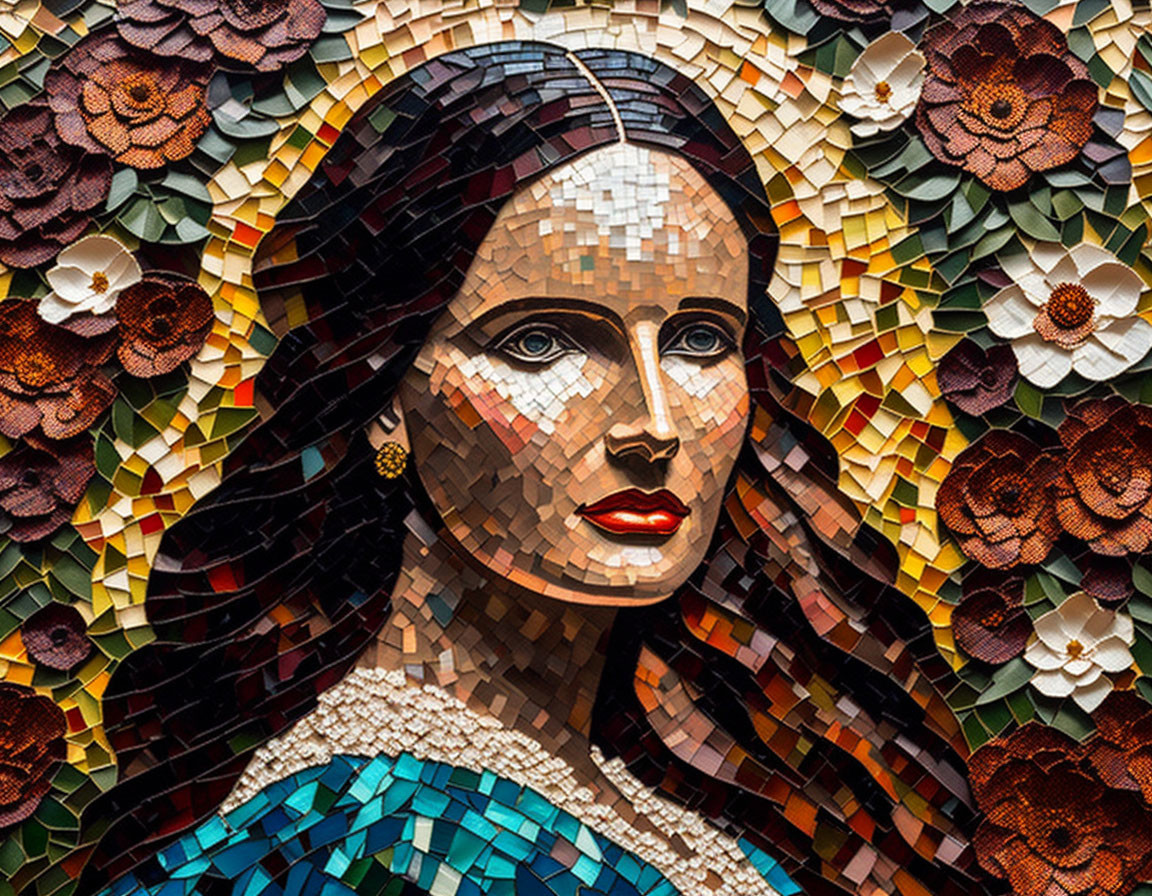 Colorful Mosaic Artwork of Woman with Long Hair and Geometric Patterns