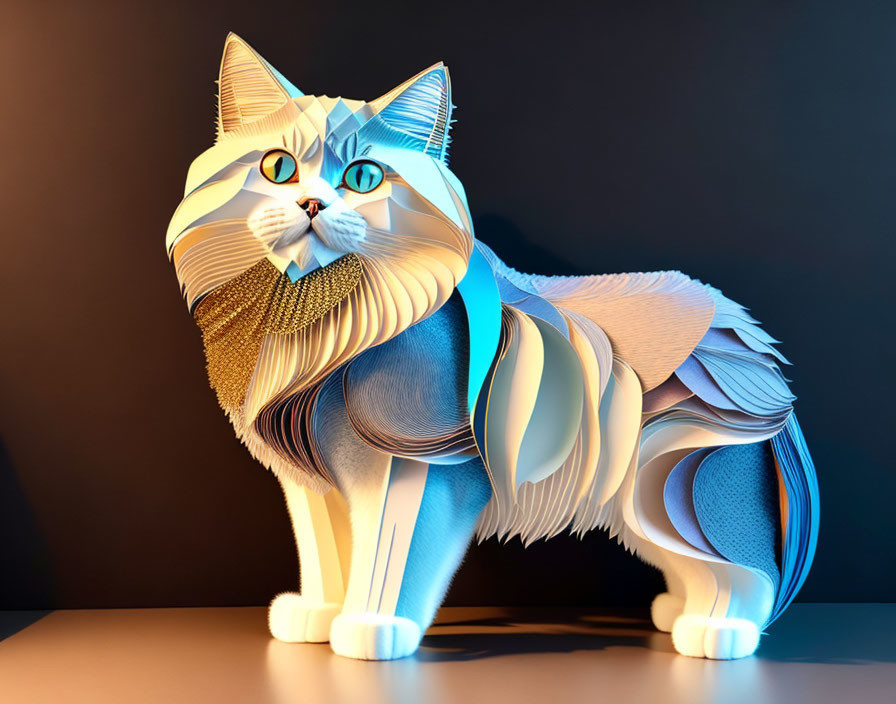 Multilayered 3D paper cat model in blue and white with golden collar