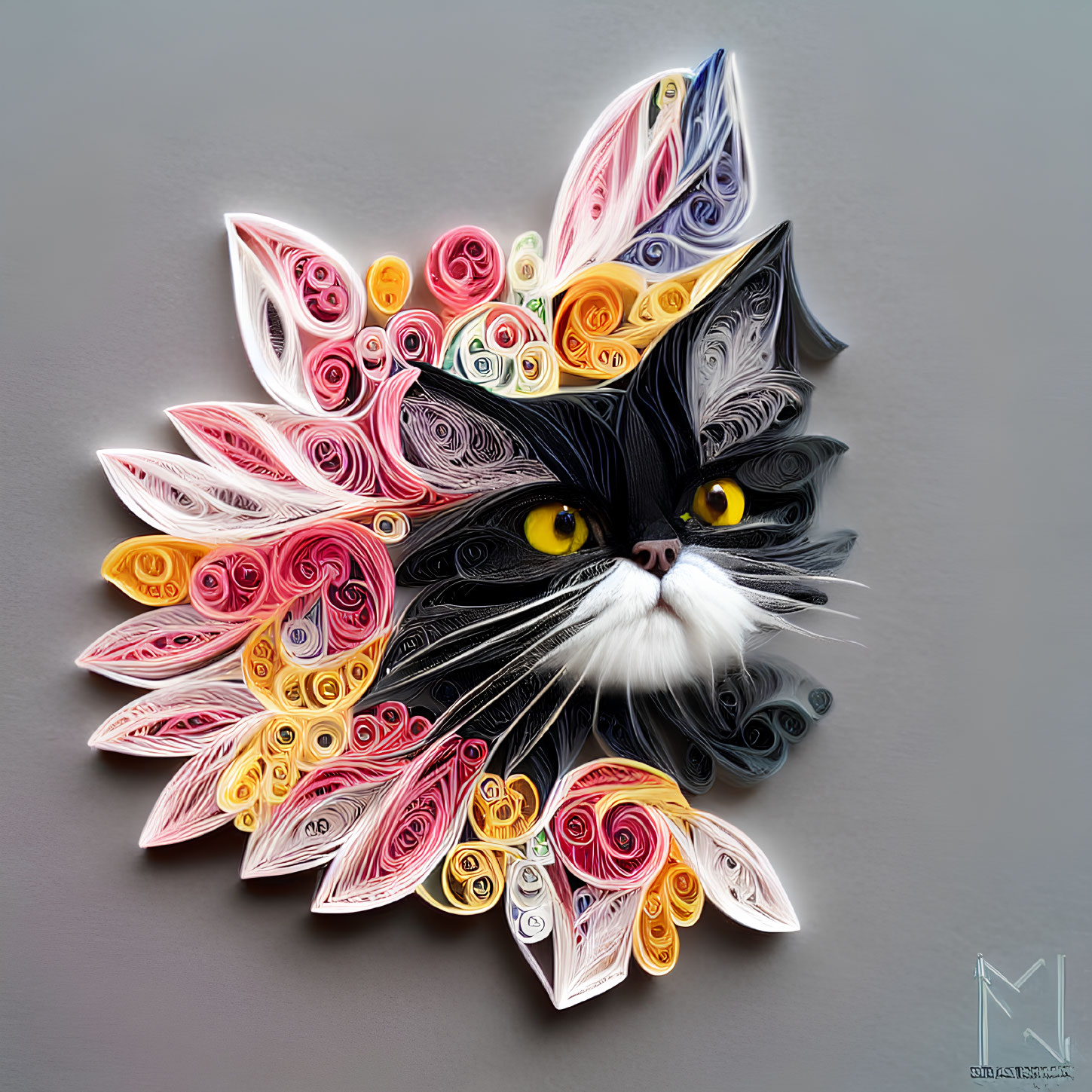 Colorful Paper Quilling Art of Cat on Gray Background