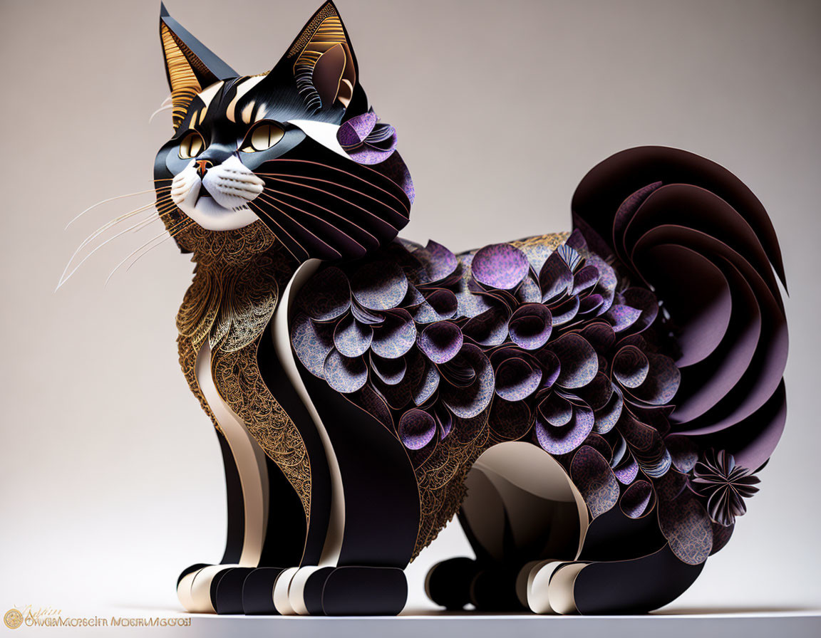 Intricate black and purple cat design with decorative patterns