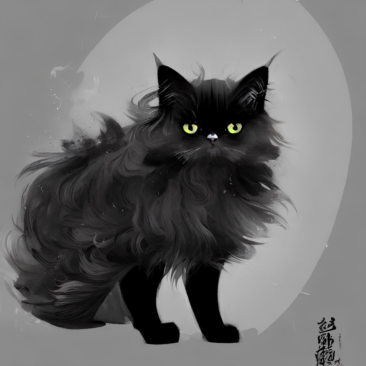 Fluffy black cat with green eyes in digital painting