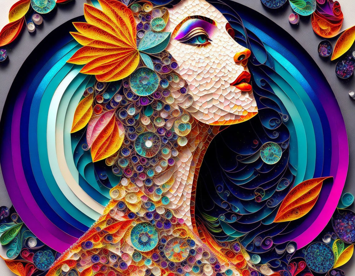 Vibrant woman's profile with mosaic patterns and swirling designs