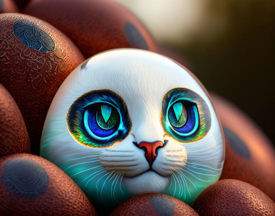 Stylized digital artwork: Cat with vivid blue eyes & intricate patterns among brown shapes