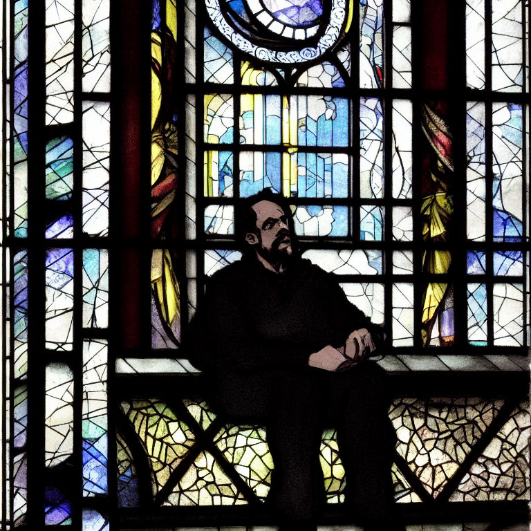 Bearded man in contemplation by colorful stained glass window