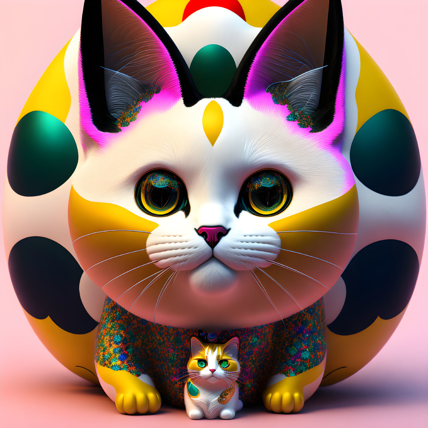 Vibrant digital art: large stylized cat with colorful patterns, smaller cat in foreground