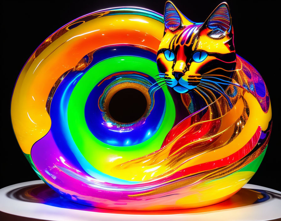 Colorful Glass Doughnut Sculpture with Cat Design in Rainbow Hues