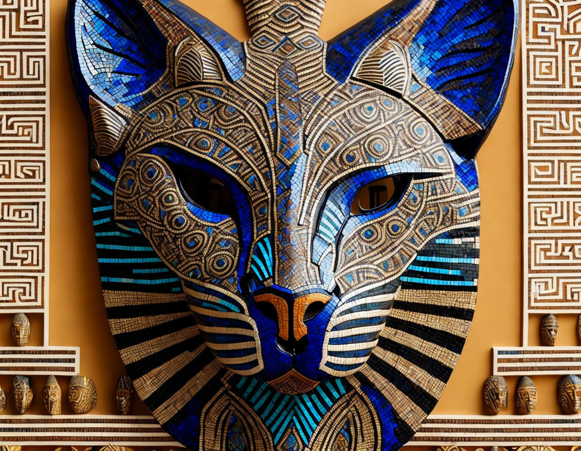 Egyptian-Style Cat Mask with Blue and Gold Patterns on Wall with Hieroglyphics