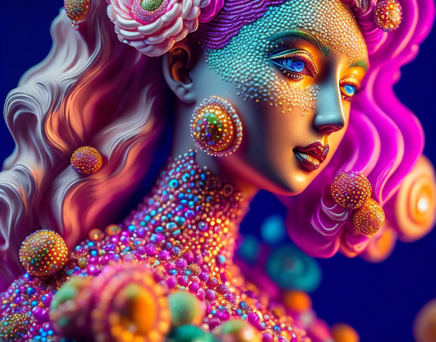 Vibrant digital artwork of stylized woman with intricate patterns