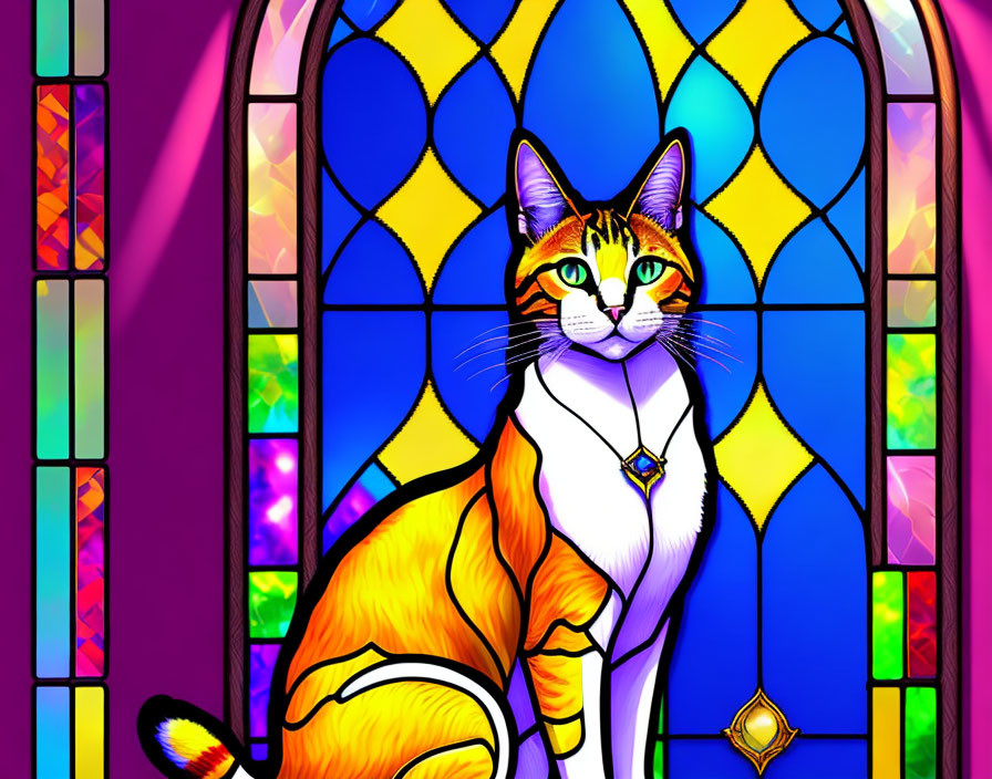 Vibrant cat illustration in front of colorful stained glass window