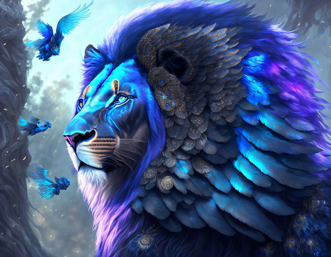 Majestic blue lion with gold adornments in mystical forest