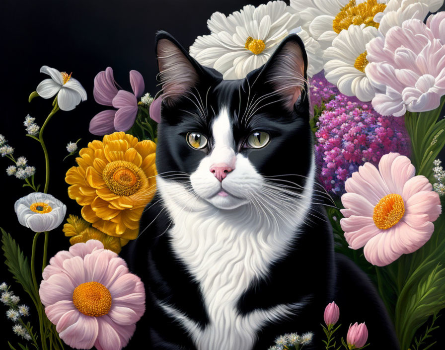 Realistic Black and White Cat Painting with Colorful Flowers on Dark Background