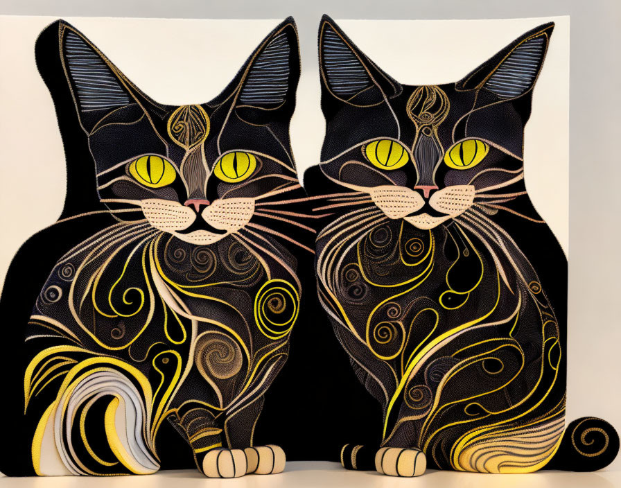 Stylized black cats with intricate yellow patterns and vibrant eyes