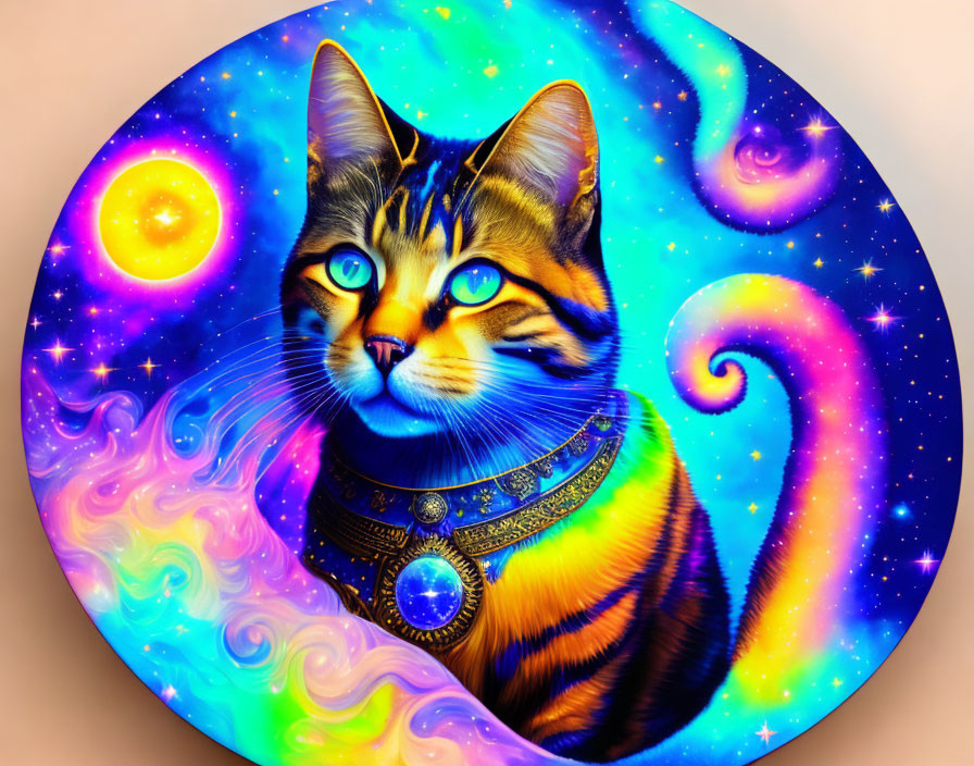 Colorful Cosmic Cat Illustration with Galaxy and Stars