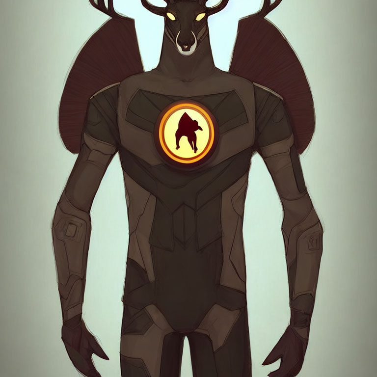 Illustration of humanoid figure with deer antlers and glowing bear emblem