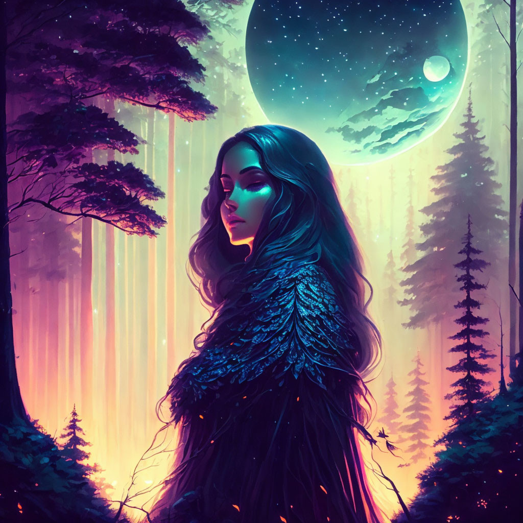 Ethereal woman in feathered attire in mystical forest under large moon.