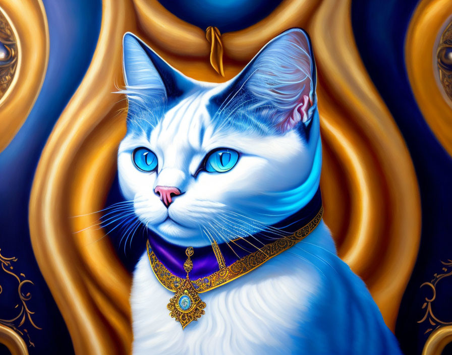 White Cat with Blue Eyes and Gold Collar on Blue and Gold Background