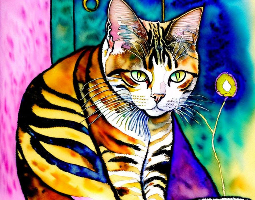 Colorful Watercolor Painting of Cat with Yellow Eyes and Bold Stripes