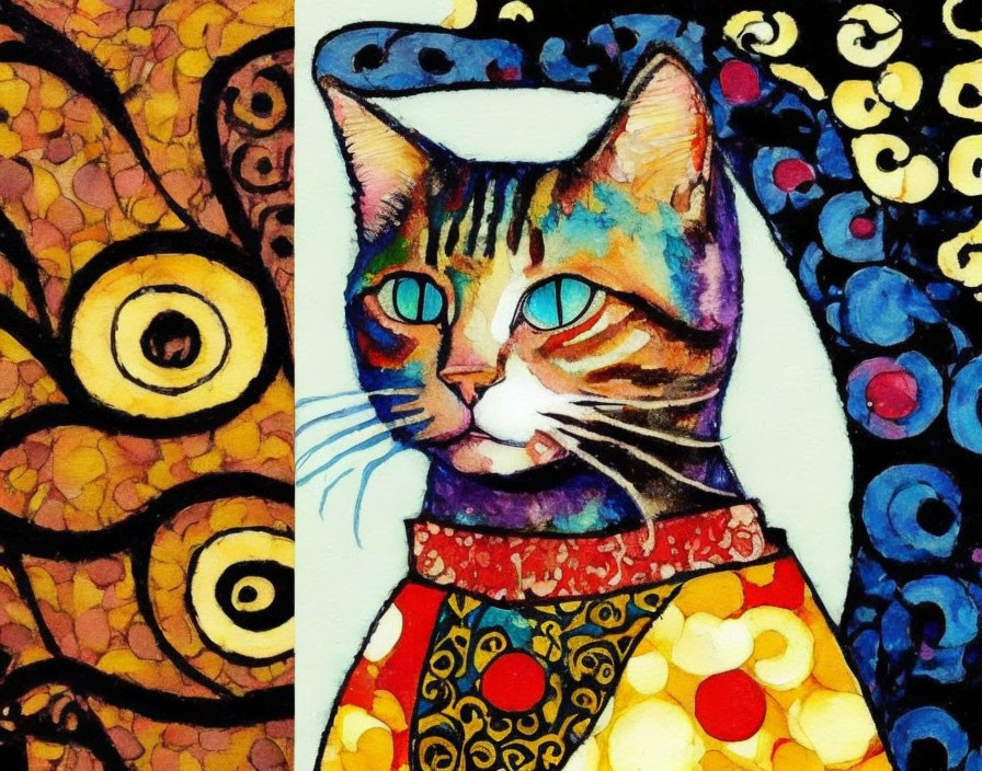 Vibrant cat painting with patchwork coat and abstract spiral background