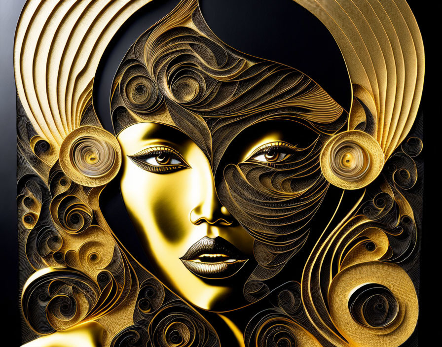 Stylized female face with golden features and swirling hair designs