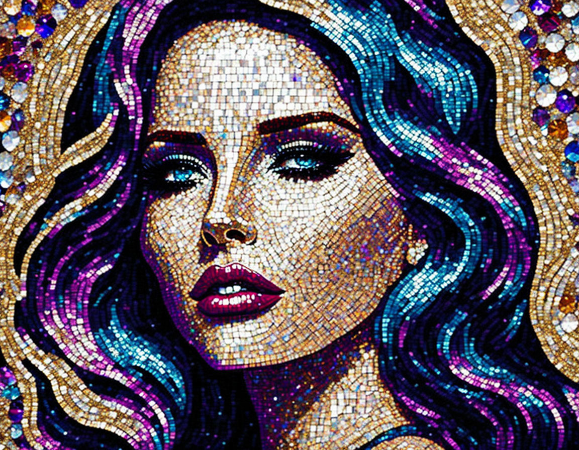 Colorful mosaic artwork of woman with flowing hair in blue and purple shades