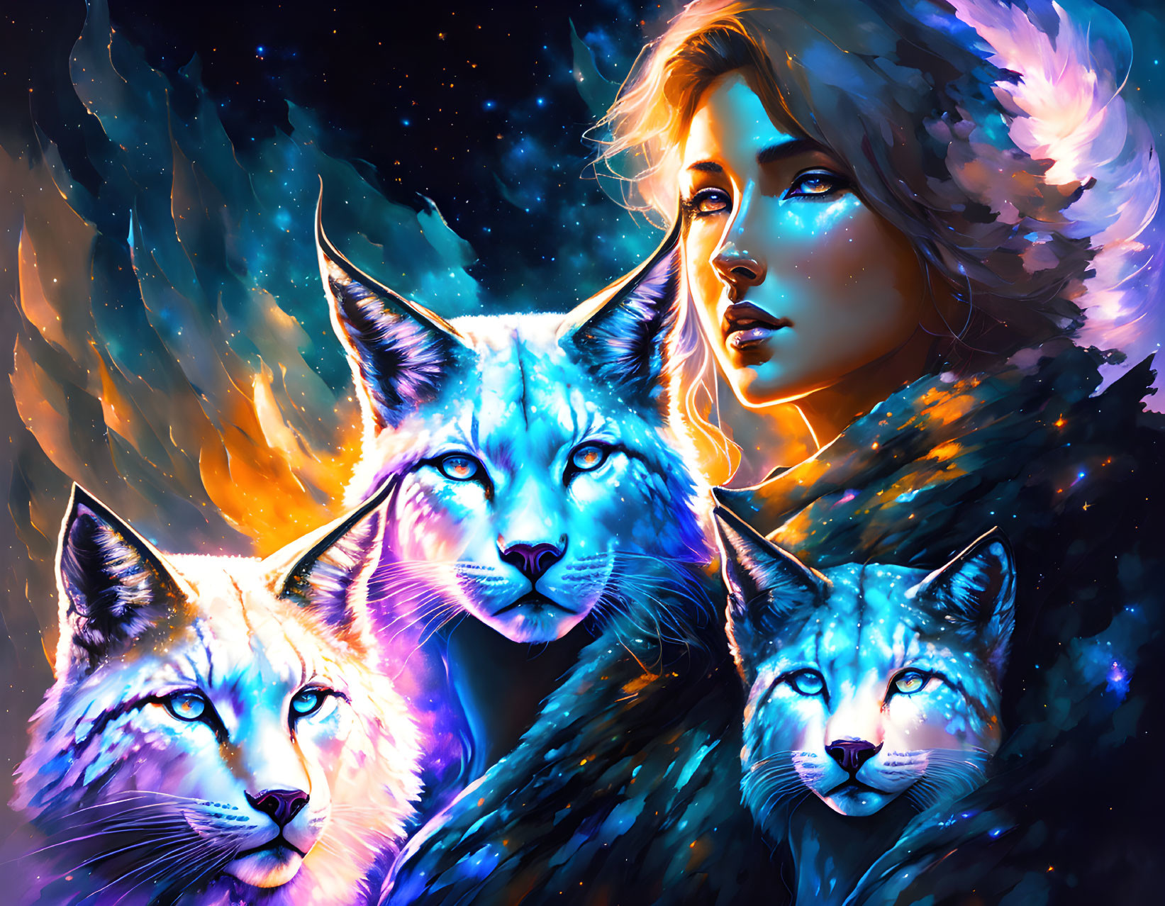 Digital artwork featuring woman's face, blue-eyed lynxes, cosmic backdrop.