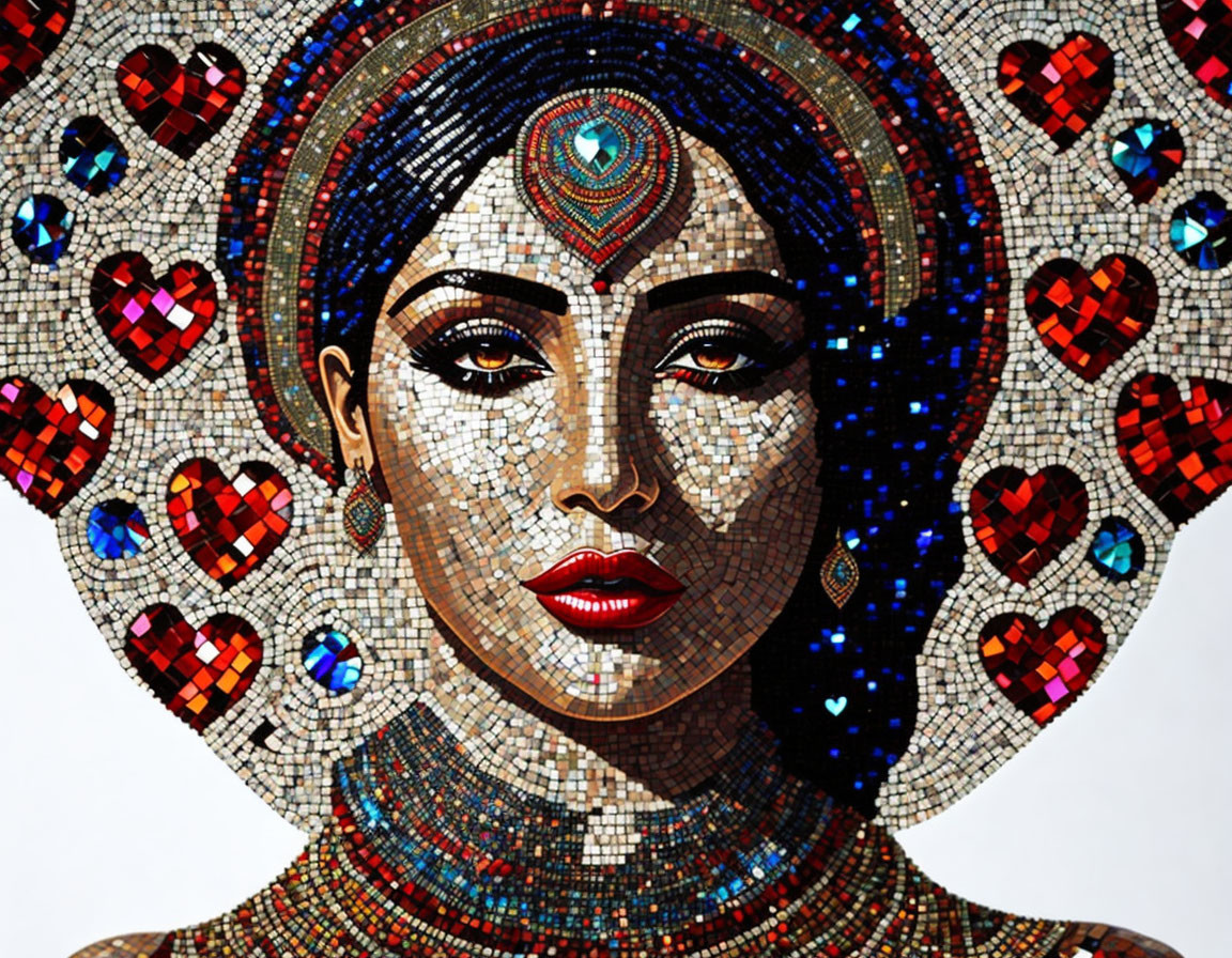 Colorful mosaic artwork of a woman with heart-shaped embellishments