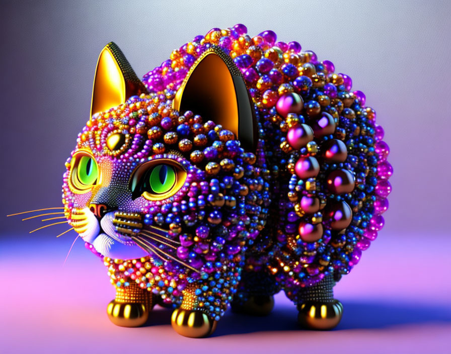 Colorful Bead-Covered Cat Sculpture with Green Eyes on Purple Background