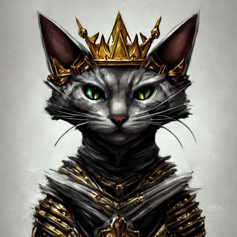 Regal cat with crown and armor, green eyes, steely gaze in digital painting