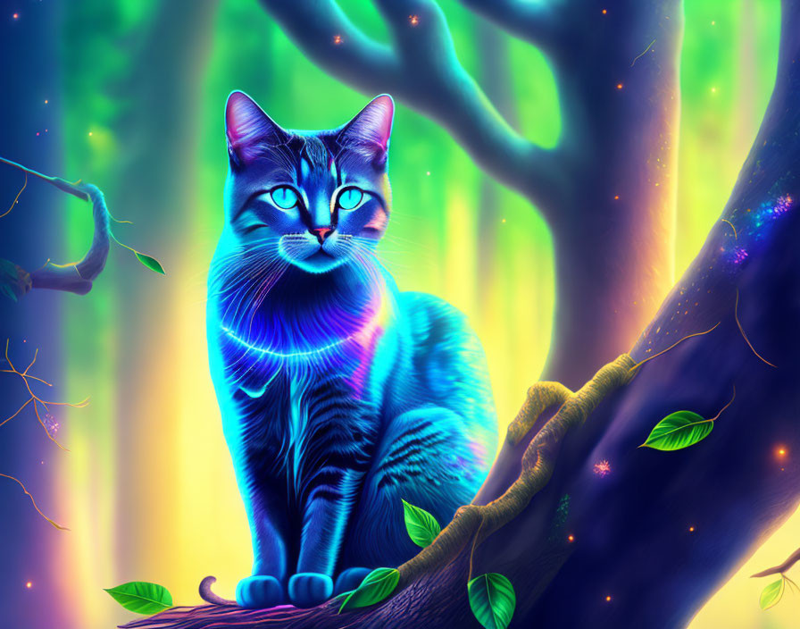 Colorful Illustration: Mystical Blue Cat in Neon Forest