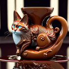 Whimsical 3D cat and coffee cup illustration with intricate patterns on dark backdrop