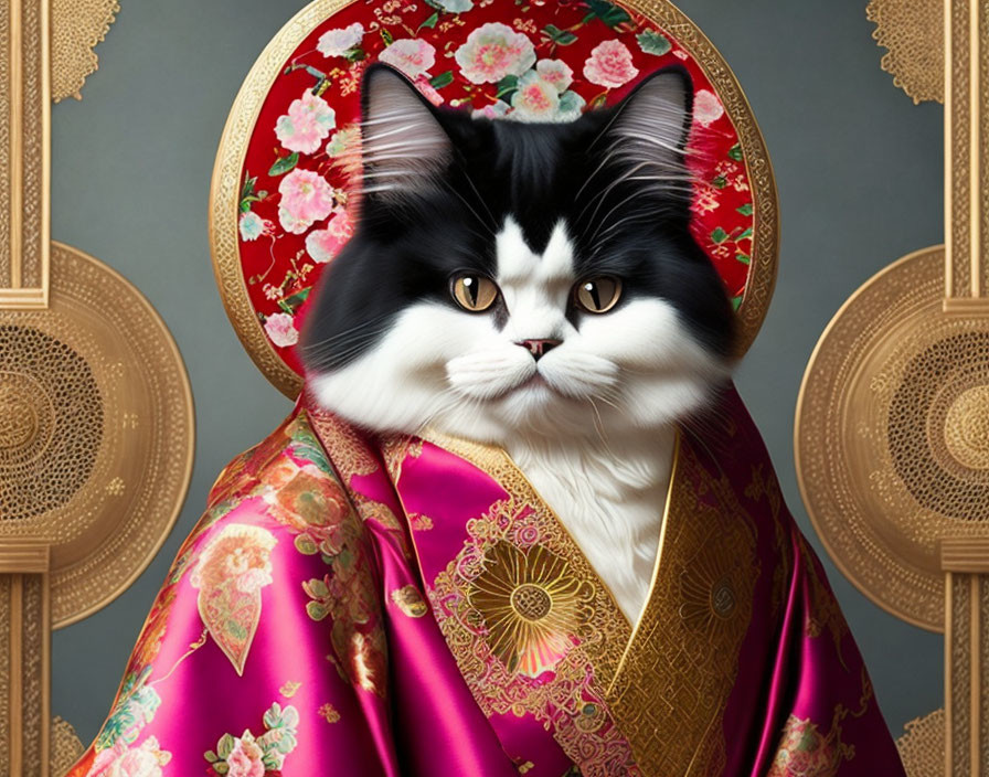 Cat in pink kimono with floral patterns on circular backdrop