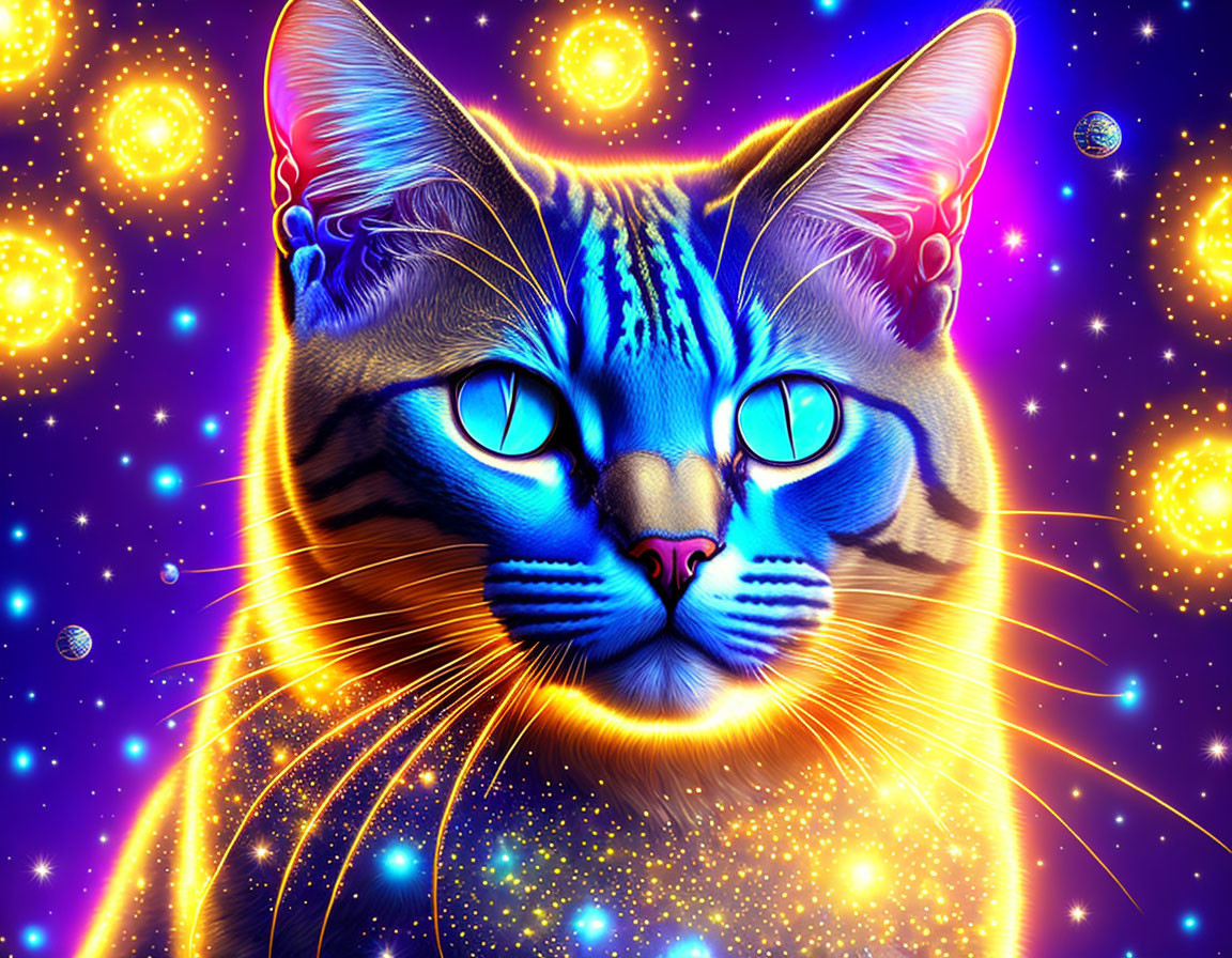 Cosmic blue-eyed cat illustration with stars and orbs