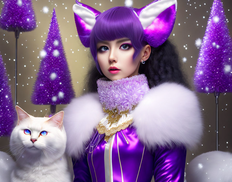 Purple-haired person in purple outfit with white fur, accompanied by white cat in snowy forest.