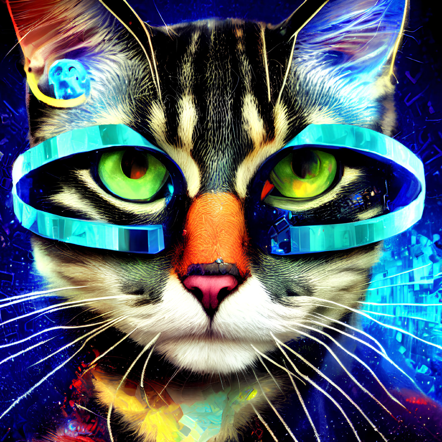 Digital artwork: Cat with green eyes in futuristic glasses against cosmic backdrop