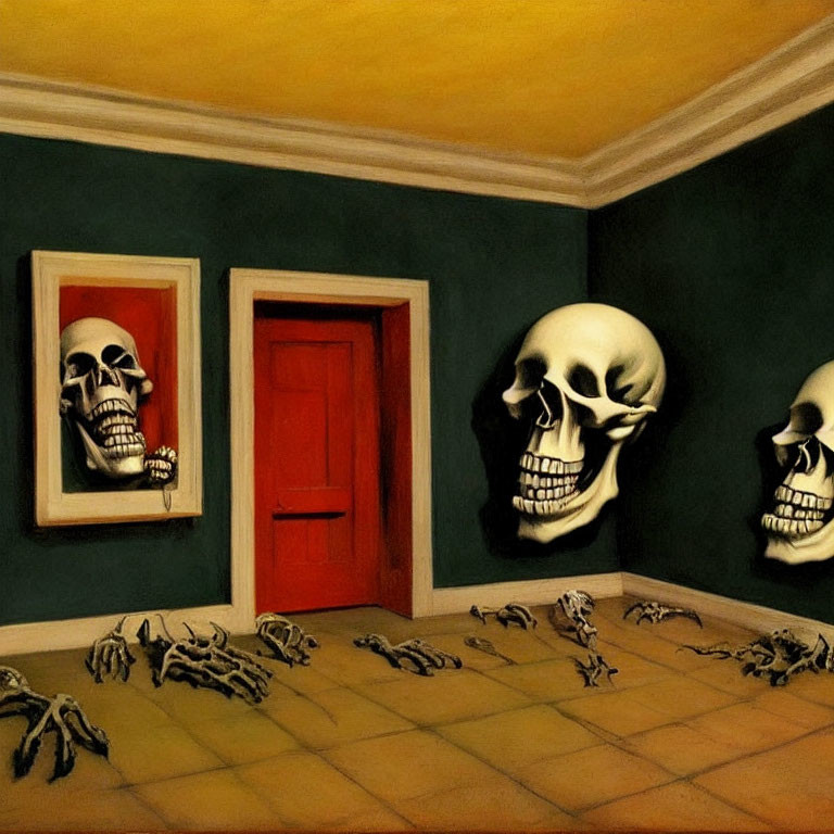 Surreal room with dark green walls, skull paintings, red door, and small skull-like figures